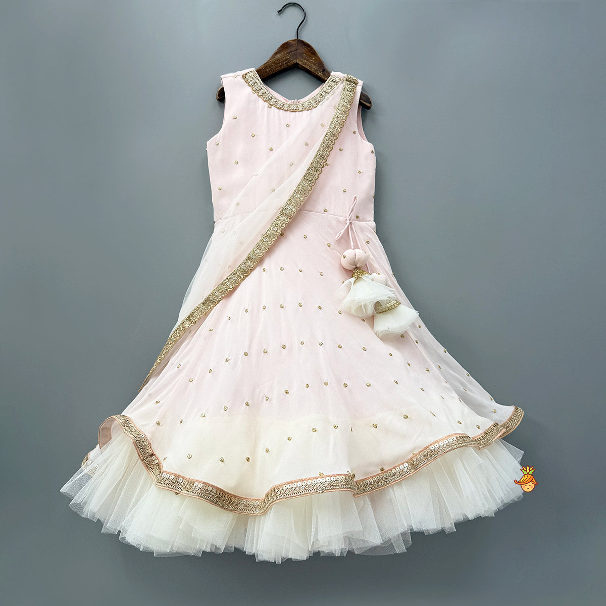 Peach Embroidered Gown With Draped Dupatta