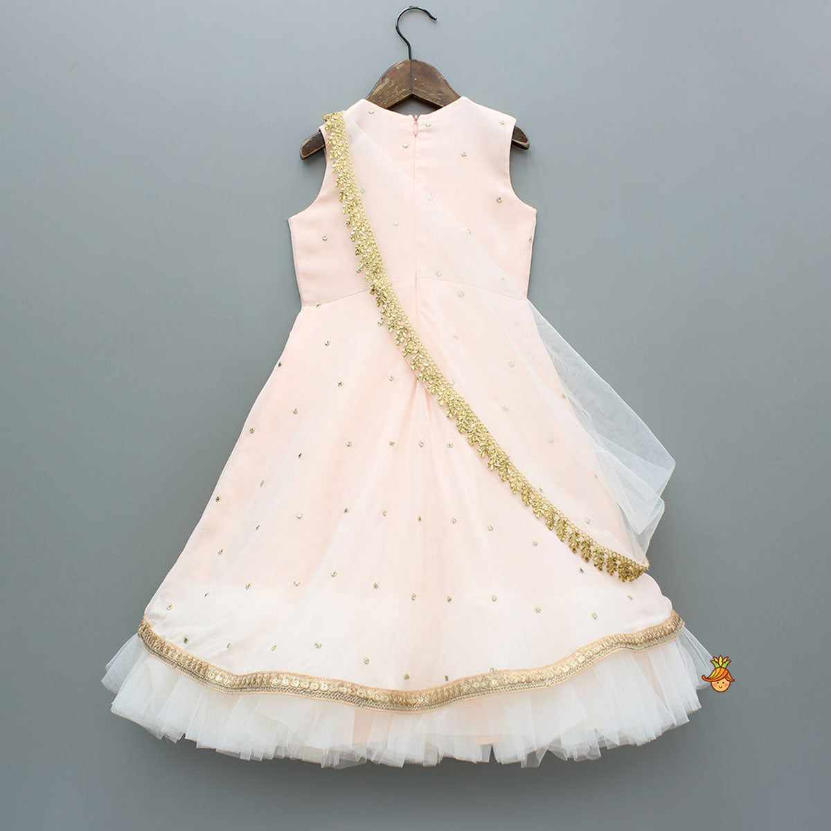 Peach Embroidered Gown With Draped Dupatta