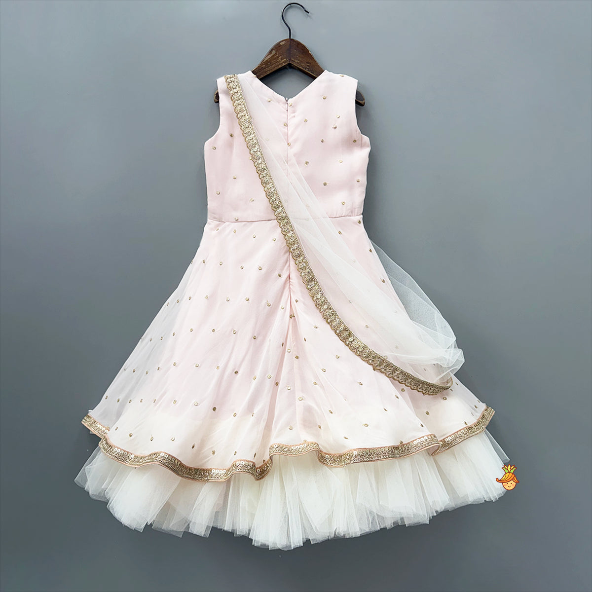 Peach Embroidered Gown With Draped Dupatta