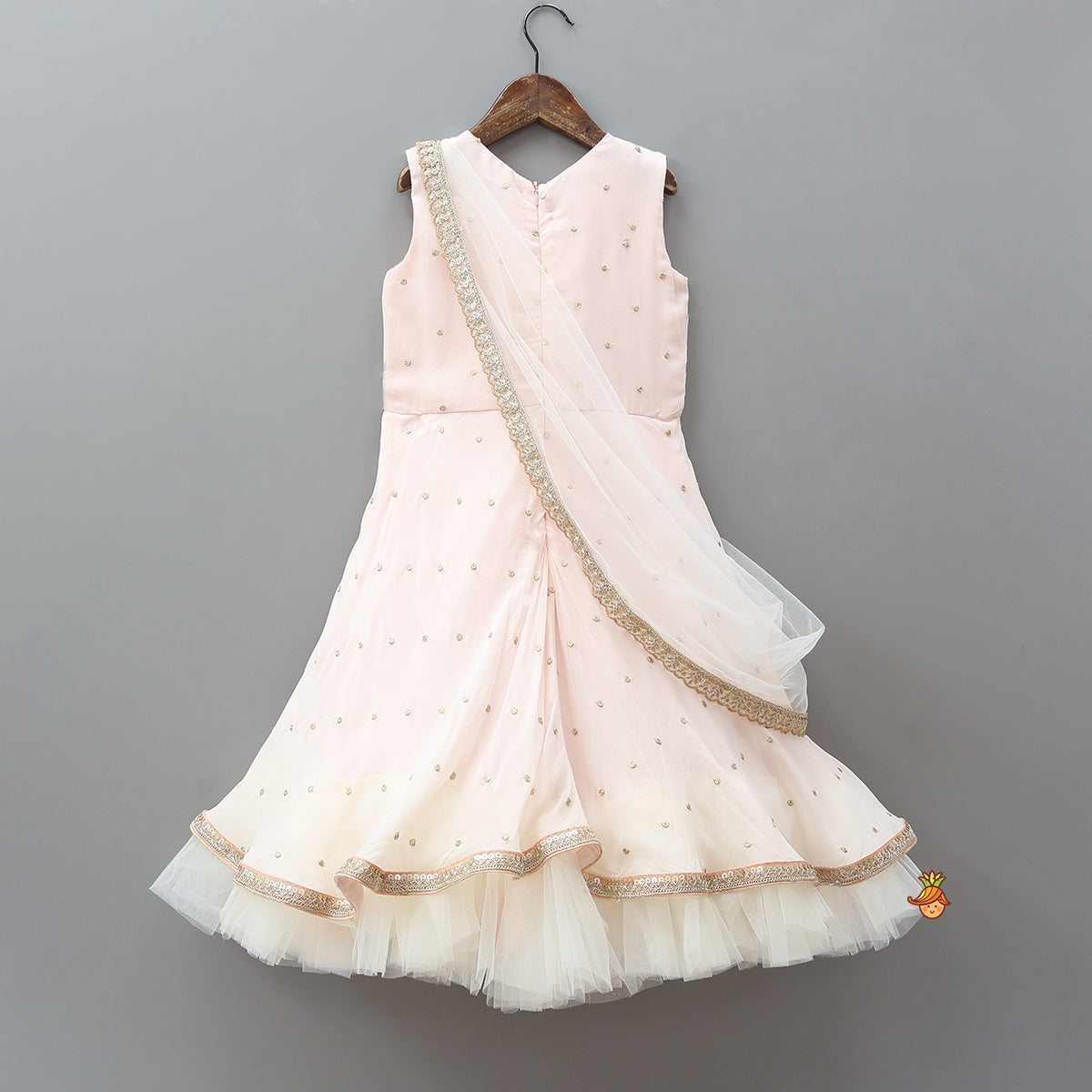 Peach Embroidered Gown With Draped Dupatta