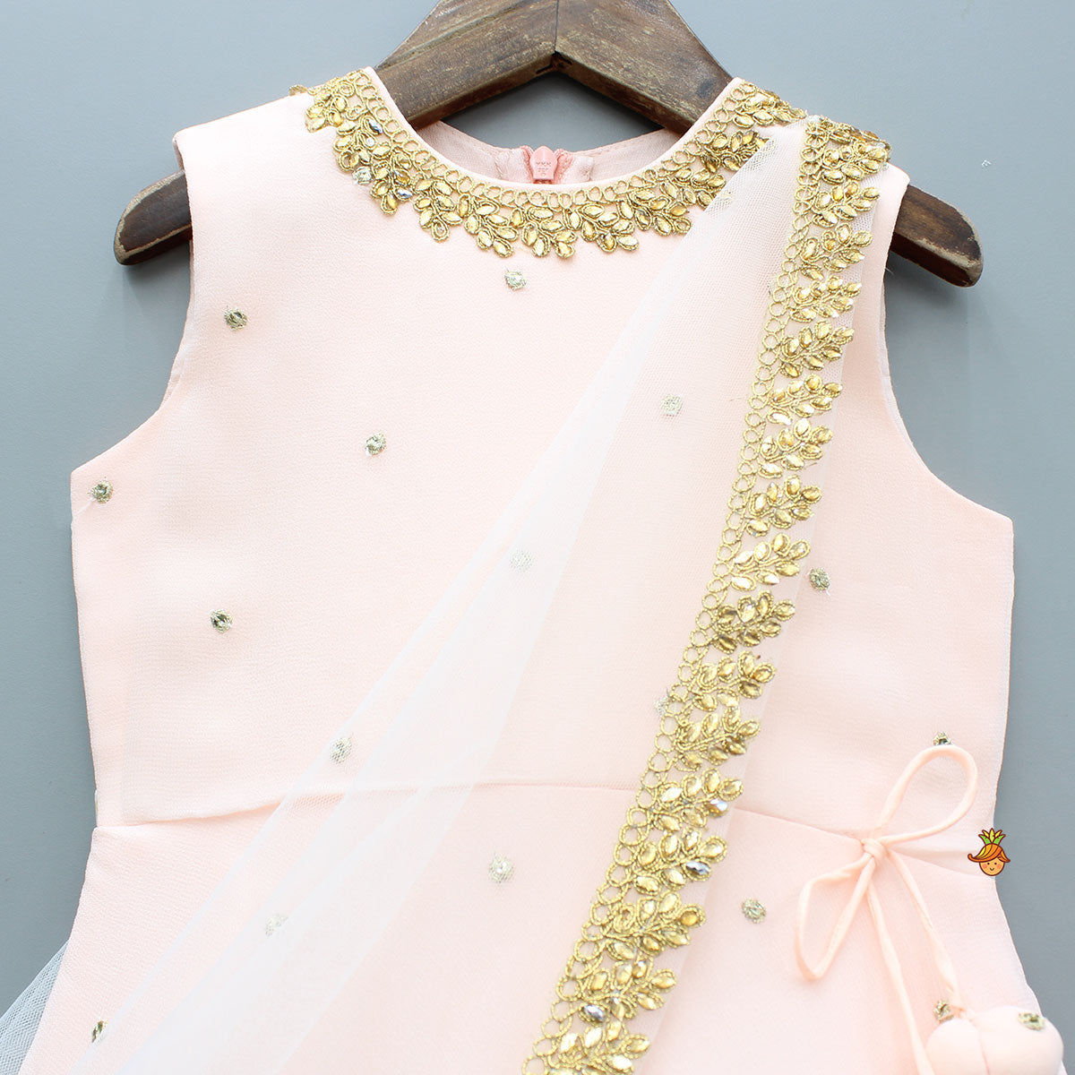 Peach Embroidered Gown With Draped Dupatta