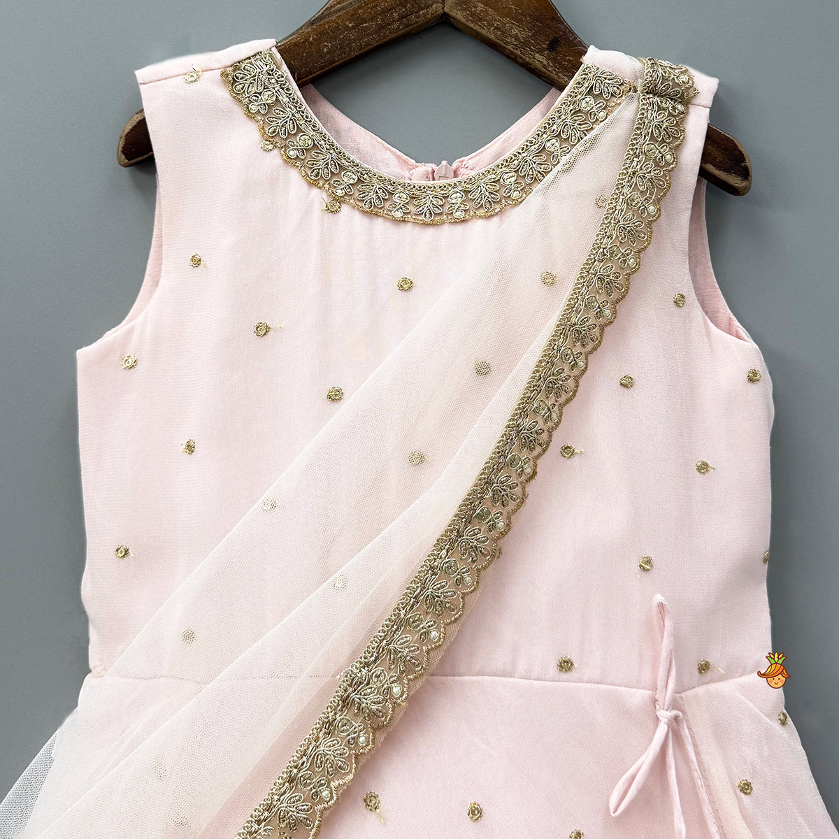 Peach Embroidered Gown With Draped Dupatta