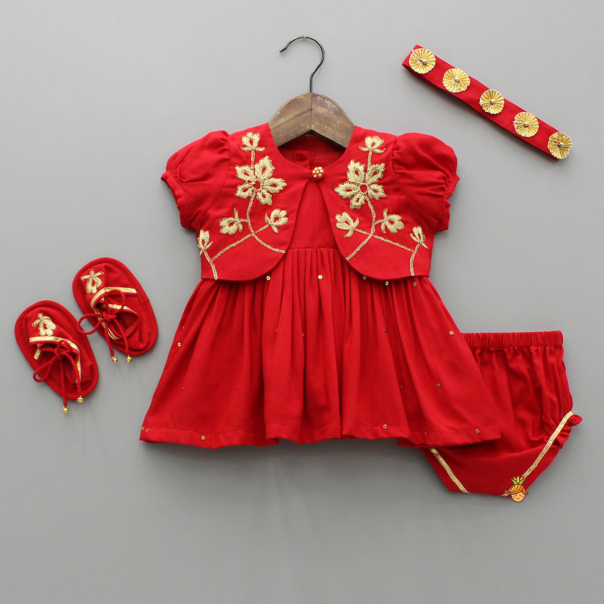 Red Jamna With Embroidered Jacket Set