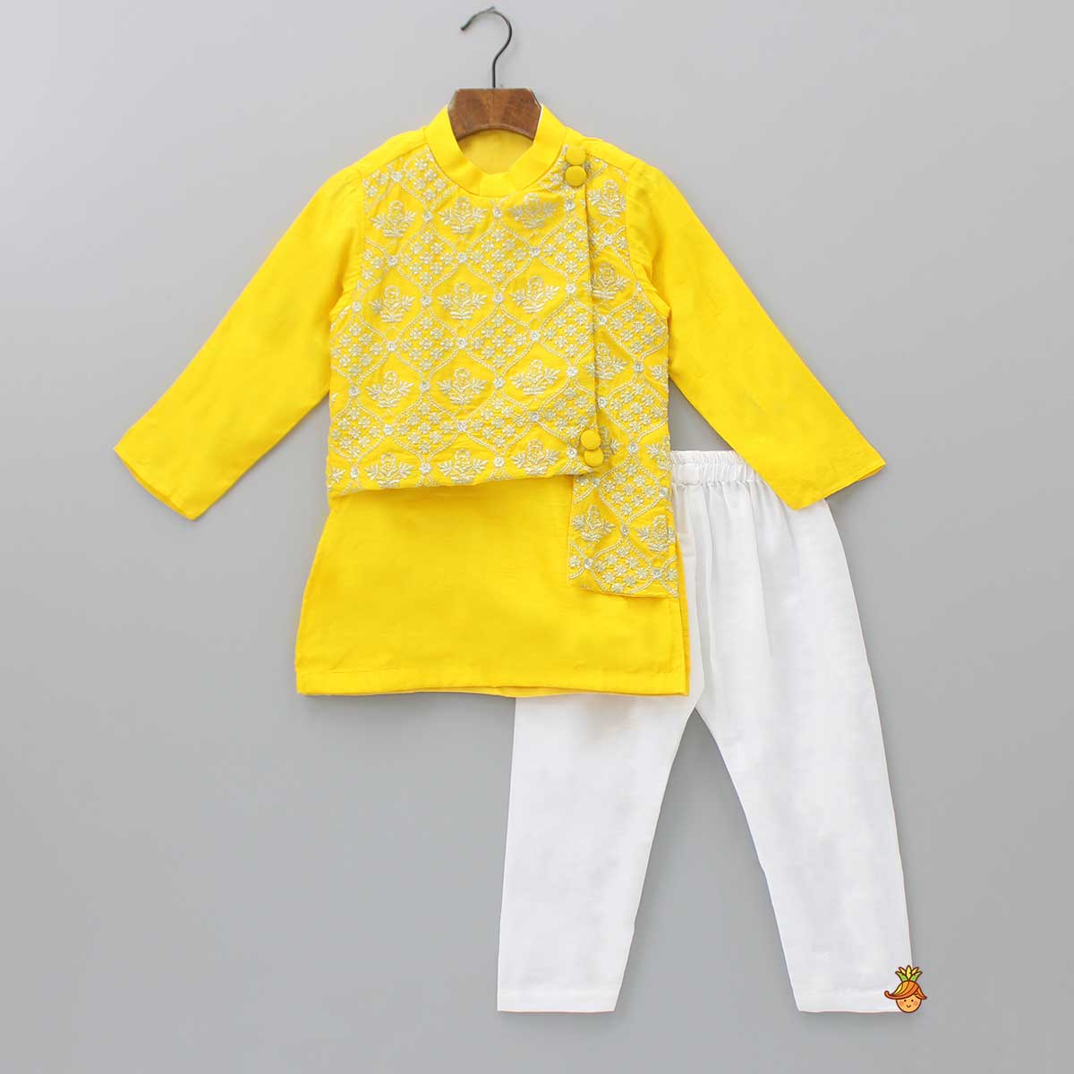 Pre Order: Embroidered Asymmetric Jacket Attached Kurta And Pyjama