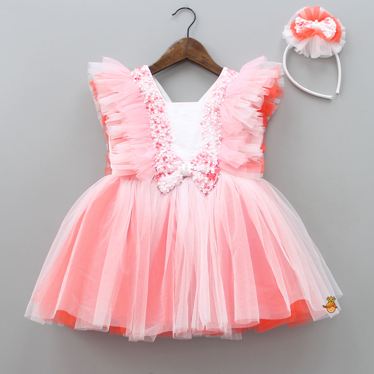 Sequin Work And Net Ruffles Dress With Hair Band