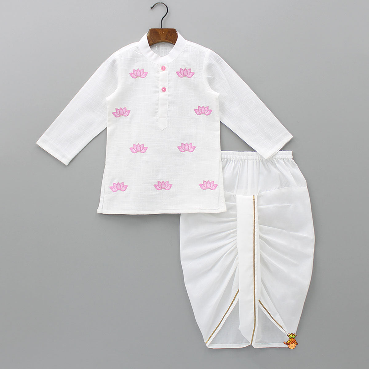 Pre Order: Lotus Patch Embroidered Off White Kurta And Dhoti