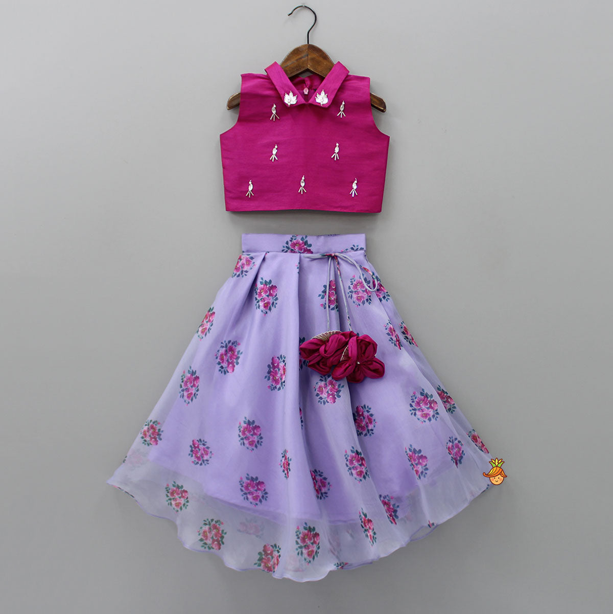 Stylish Beads Work Top With Floral Printed Lehenga And Sling Bag