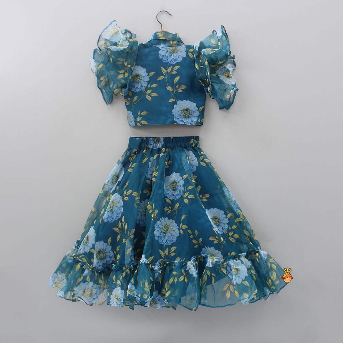 Teal Blue Floral Printed Top and High Low Lehenga