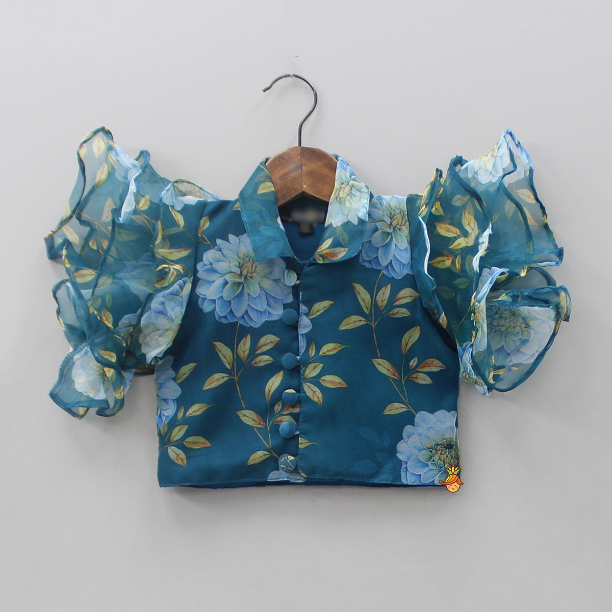 Teal Blue Floral Printed Top and High Low Lehenga