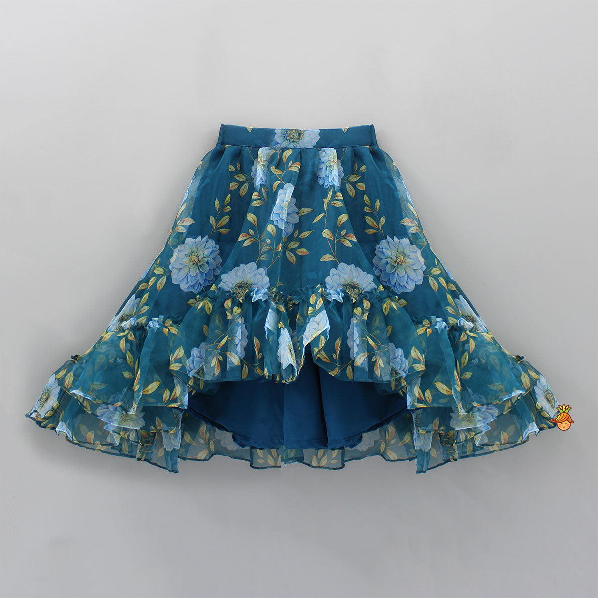 Teal Blue Floral Printed Top and High Low Lehenga