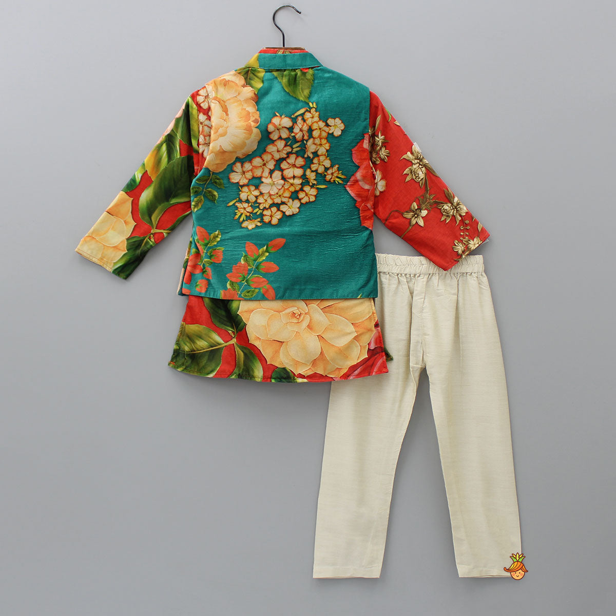 Velvet Floral Printed Orange Kurta With Green Velvet Jacket And Pyjama