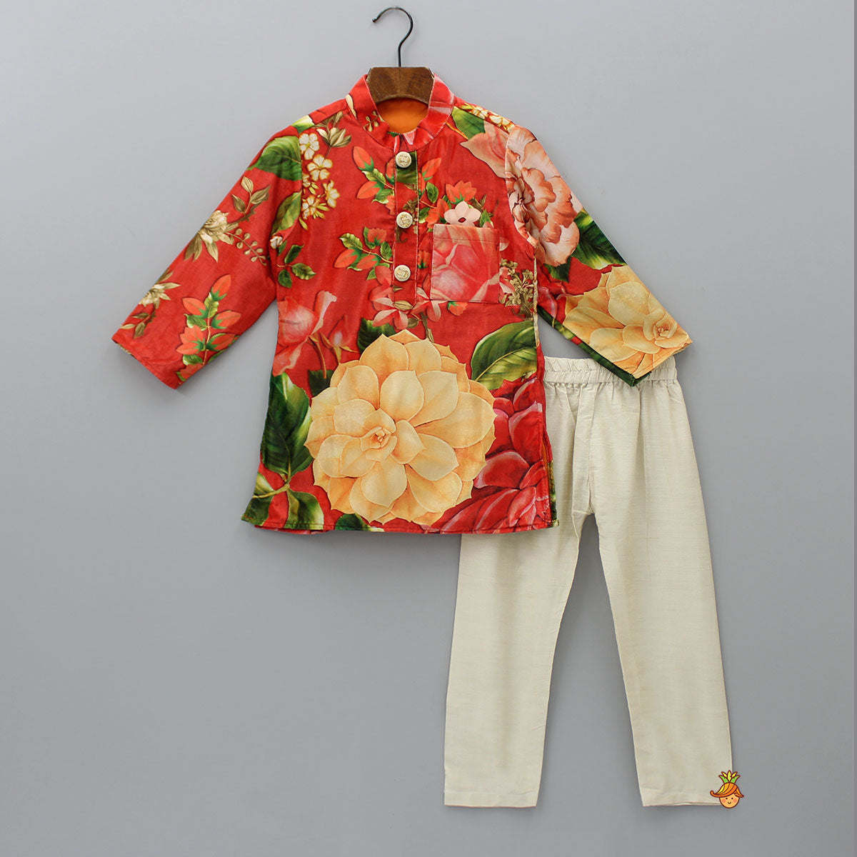 Velvet Floral Printed Orange Kurta With Green Velvet Jacket And Pyjama