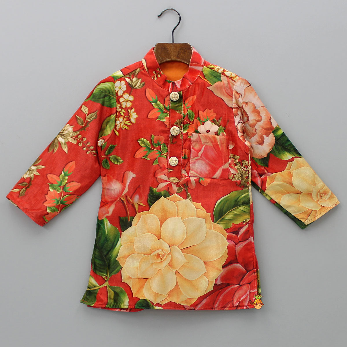 Velvet Floral Printed Orange Kurta With Green Velvet Jacket And Pyjama