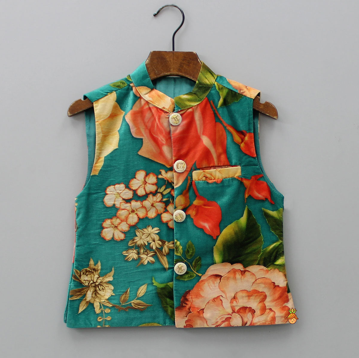 Velvet Floral Printed Orange Kurta With Green Velvet Jacket And Pyjama