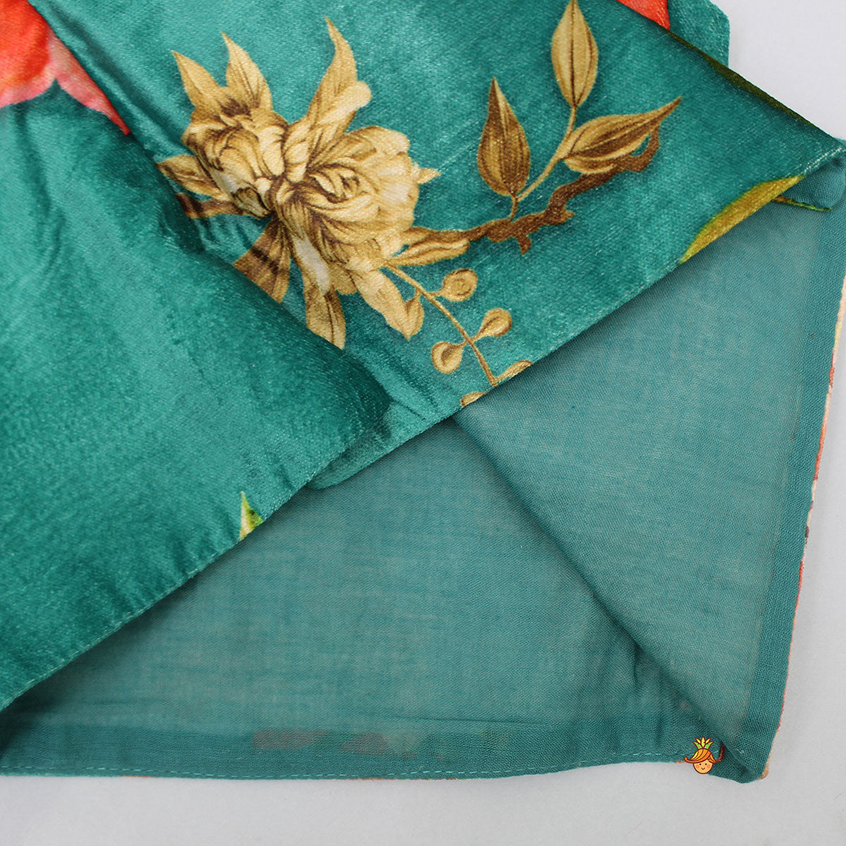 Velvet Floral Printed Orange Kurta With Green Velvet Jacket And Pyjama