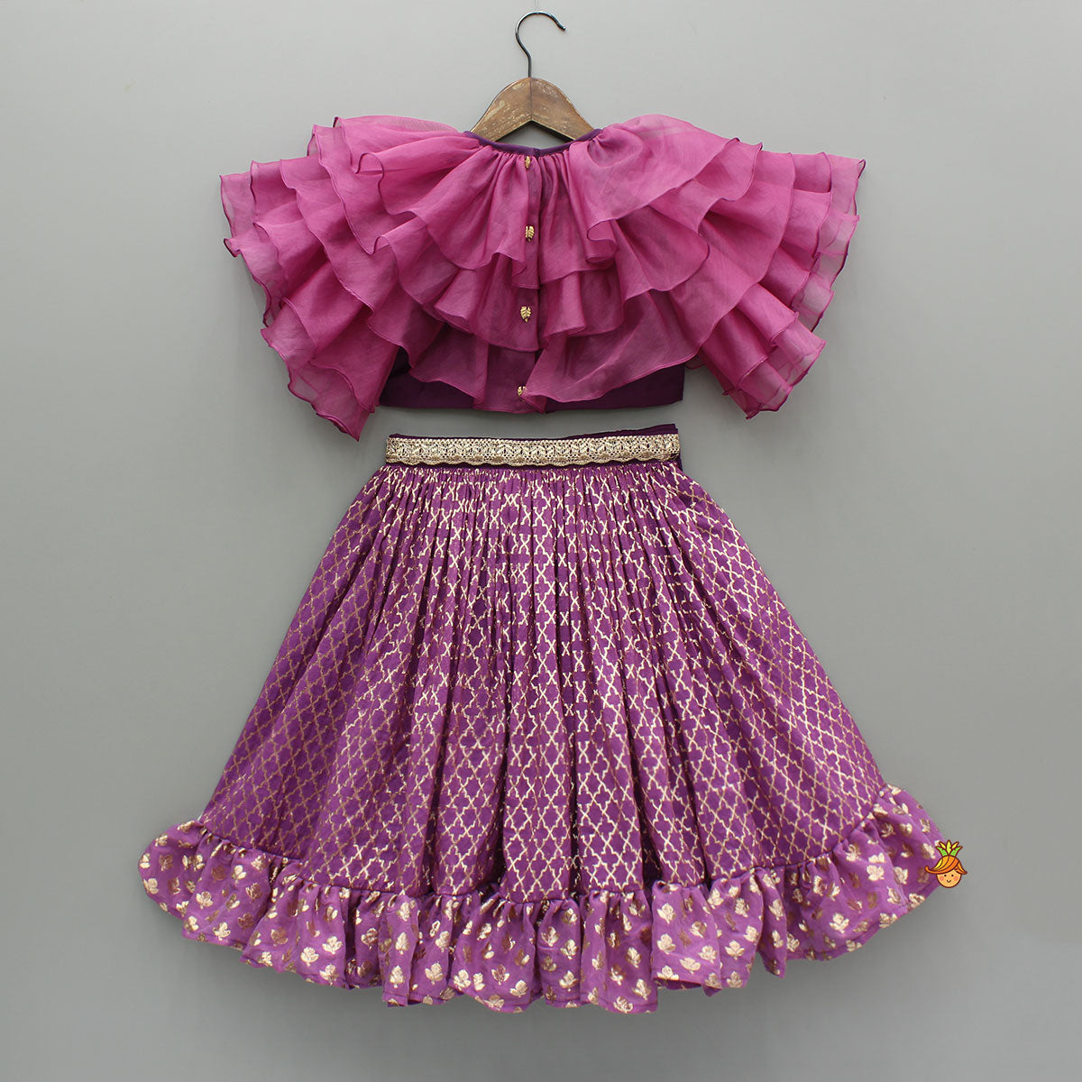 Frilly Layered Top With Zari Thread Work Lehenga