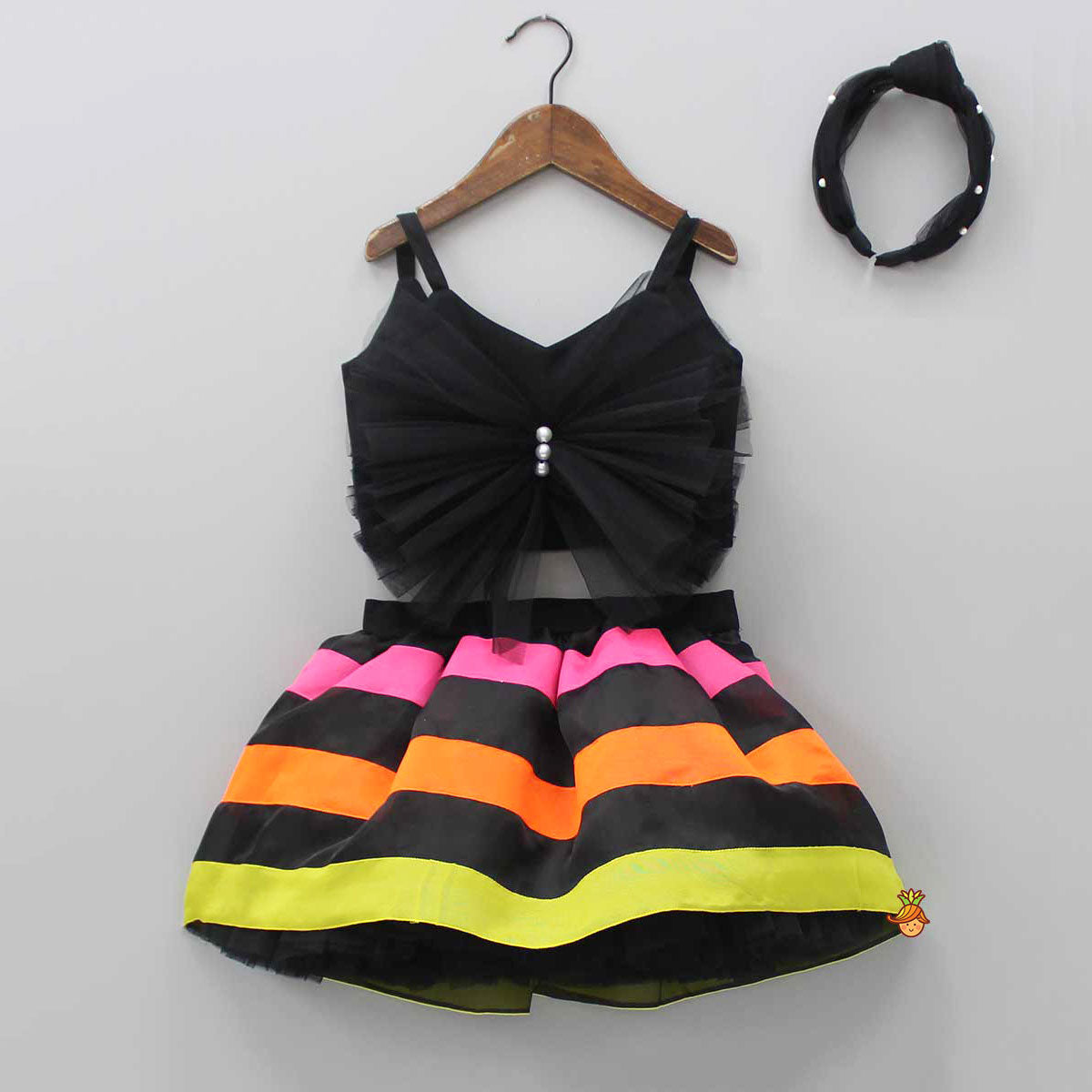 Black Frilly Bow Top And Multi Colour Lace Applique Skirt With Matching Pearl Work Hair Band