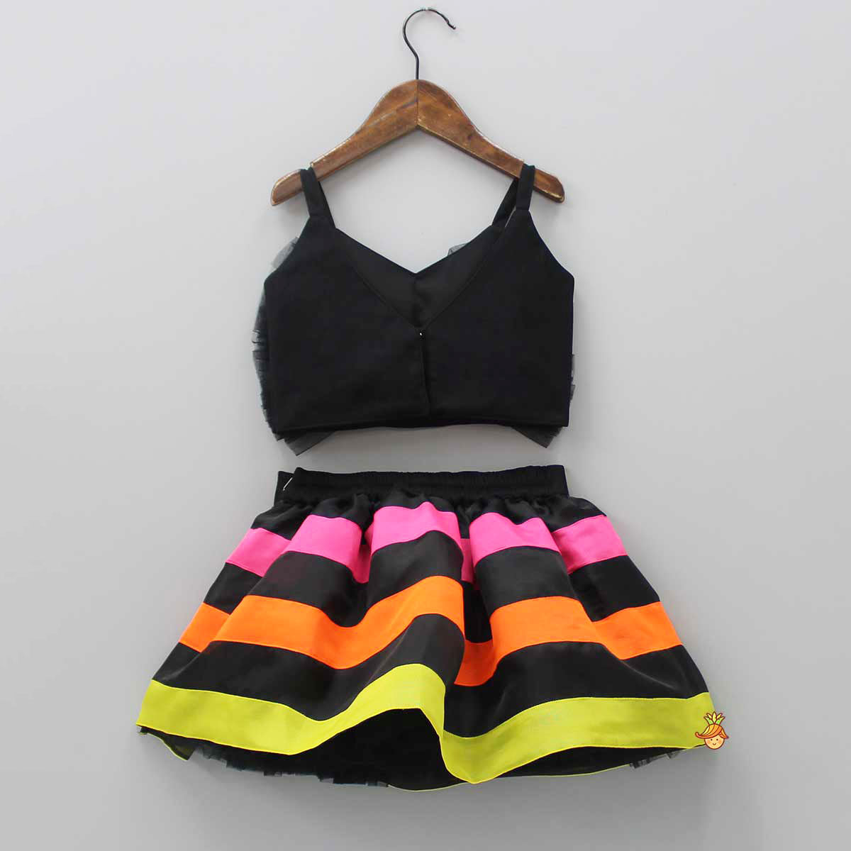 Black Frilly Bow Top And Multi Colour Lace Applique Skirt With Matching Pearl Work Hair Band