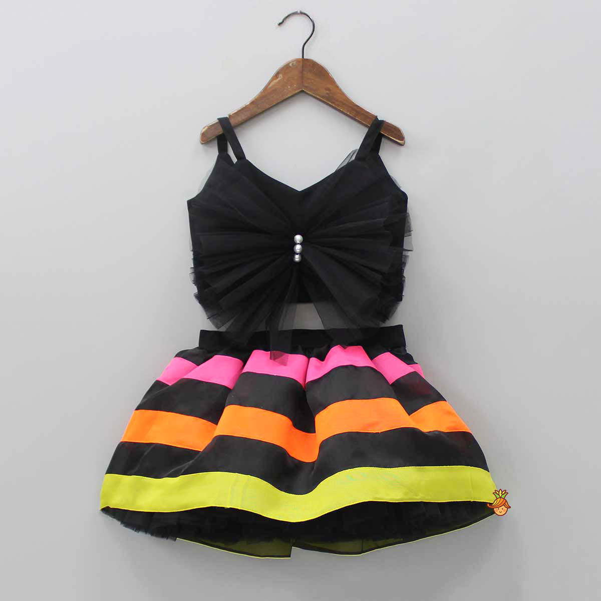 Black Frilly Bow Top And Multi Colour Lace Applique Skirt With Matching Pearl Work Hair Band