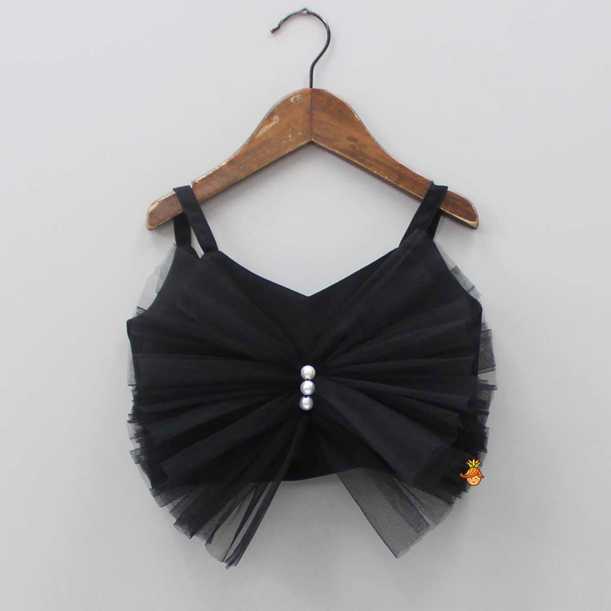 Black Frilly Bow Top And Multi Colour Lace Applique Skirt With Matching Pearl Work Hair Band