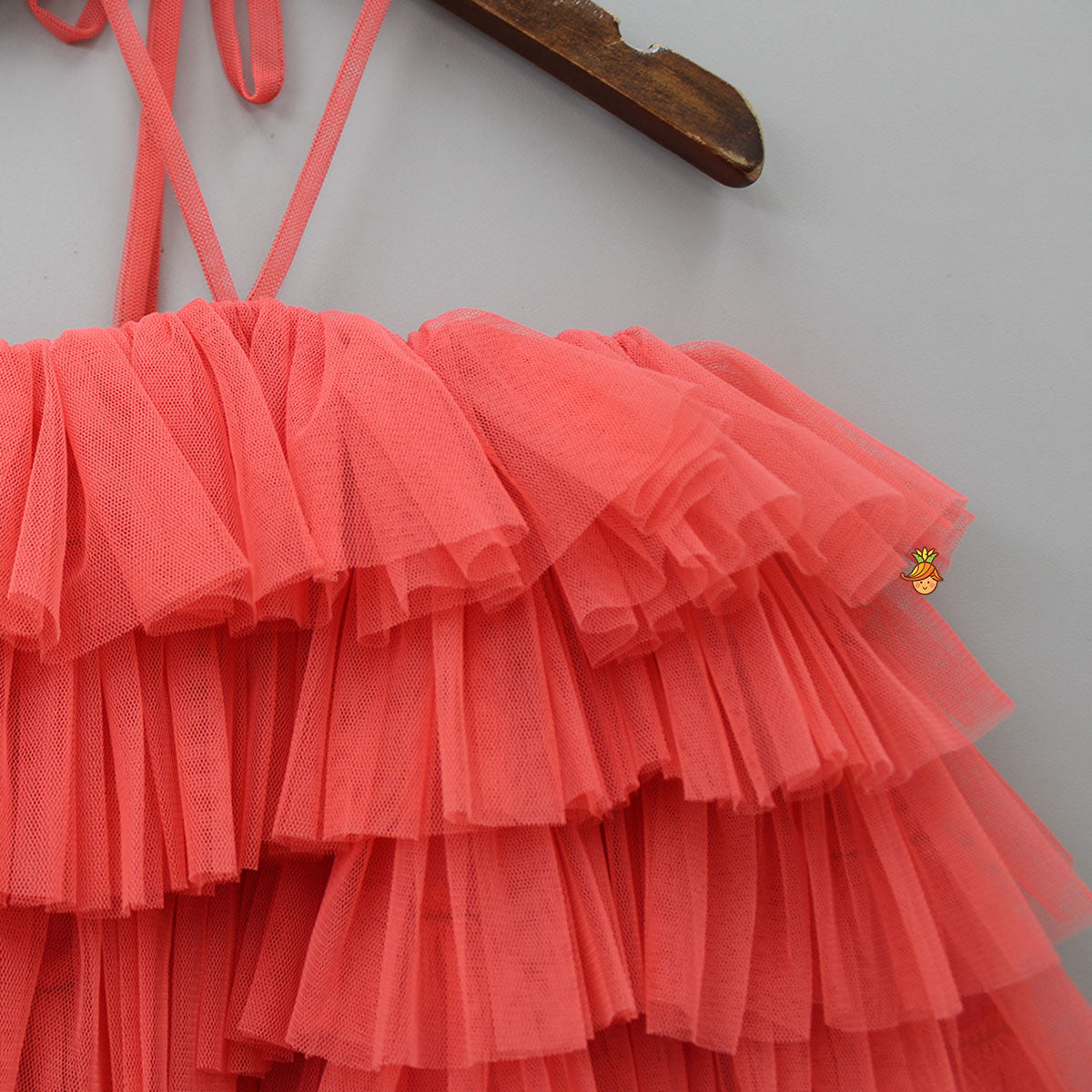 Peachish Pink Backless Net Ruffle Dress