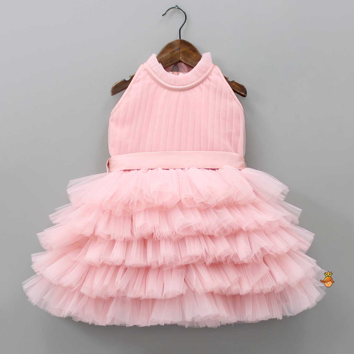 Pintuck Detailing And Frilly Layered Halter Neck Peach Dress With Matching Bowie Hair Band