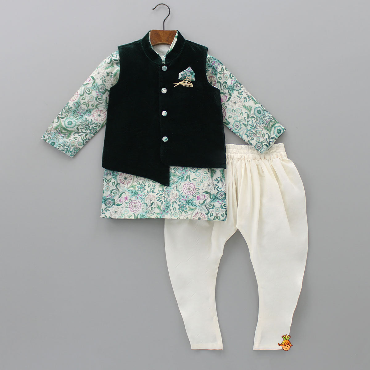 Green Velvet Jacket With Floral Printed Kurta And Churidar