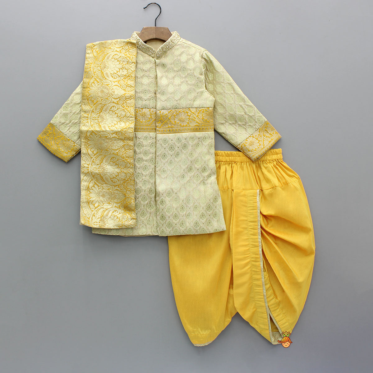 Brocade Embroidered Sherwani Style Kurta And Dhoti With Shawl