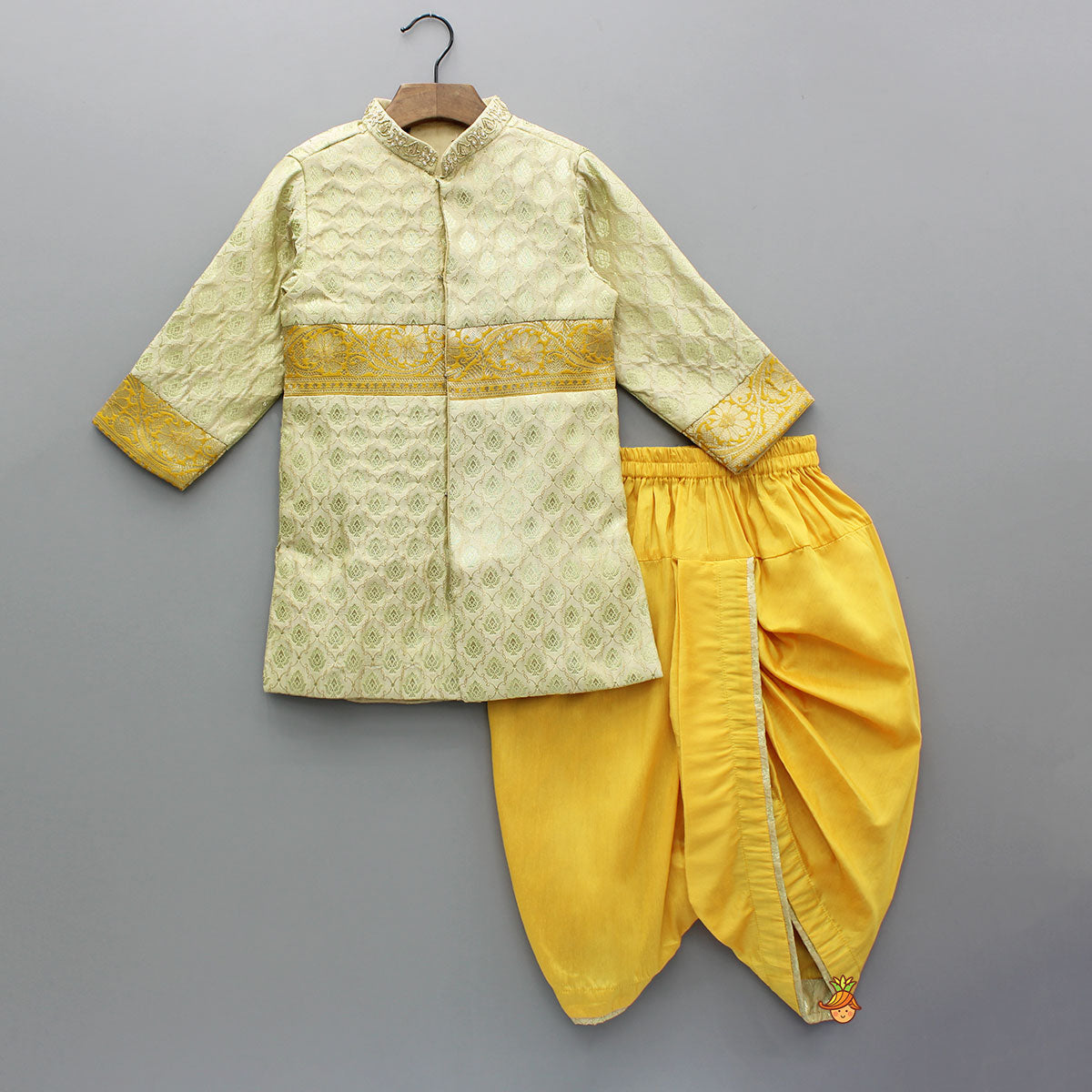 Brocade Embroidered Sherwani Style Kurta And Dhoti With Shawl