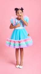 Reversible Sequin Embroidered Ruffled Net Dress With Detachable Waist Belt And Matching Hair Clip