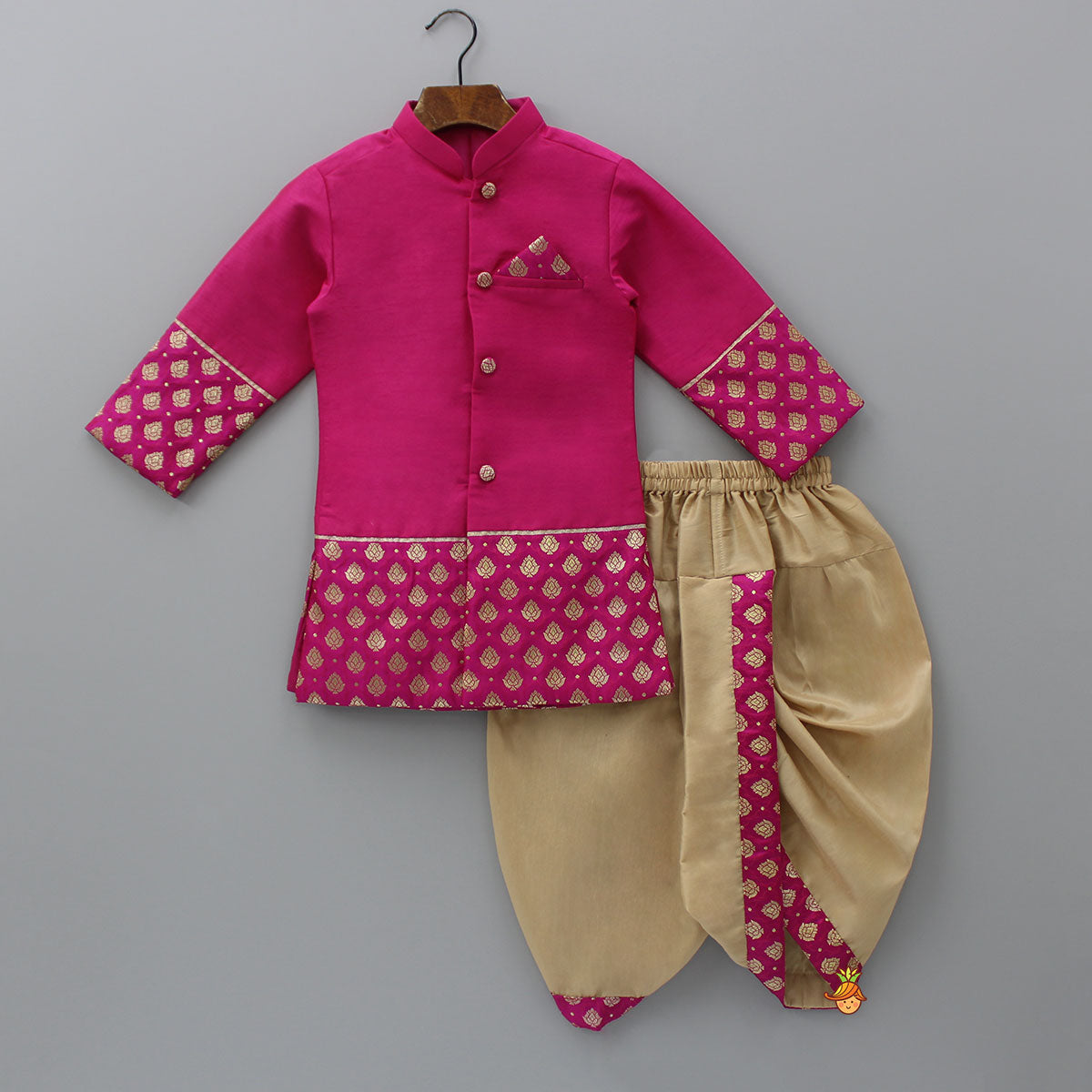 Magenta Pink Sherwani Style Kurta With Dhoti And Brocade Shawl