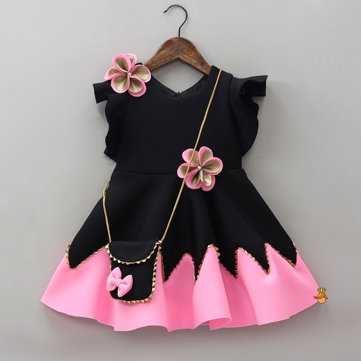 Flower Embellished Black Dress With Sling Bag