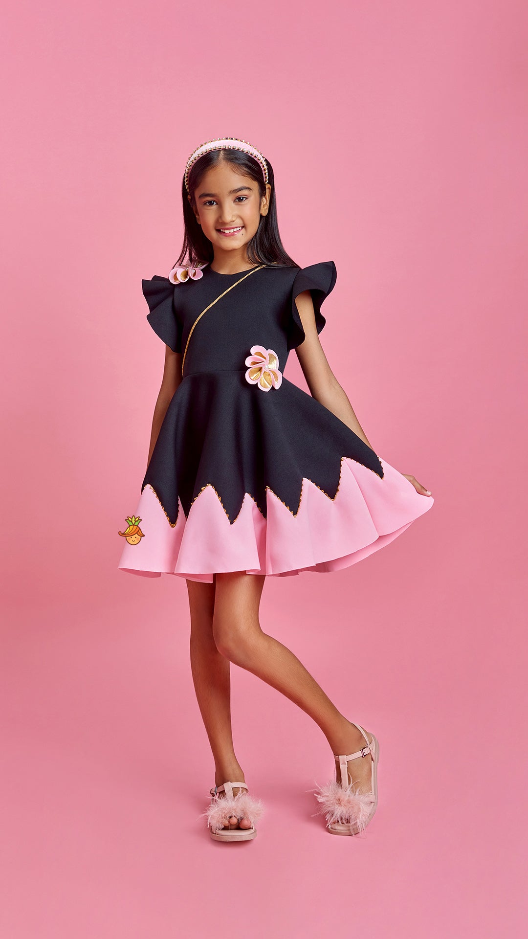 Flower Embellished Black Dress With Sling Bag