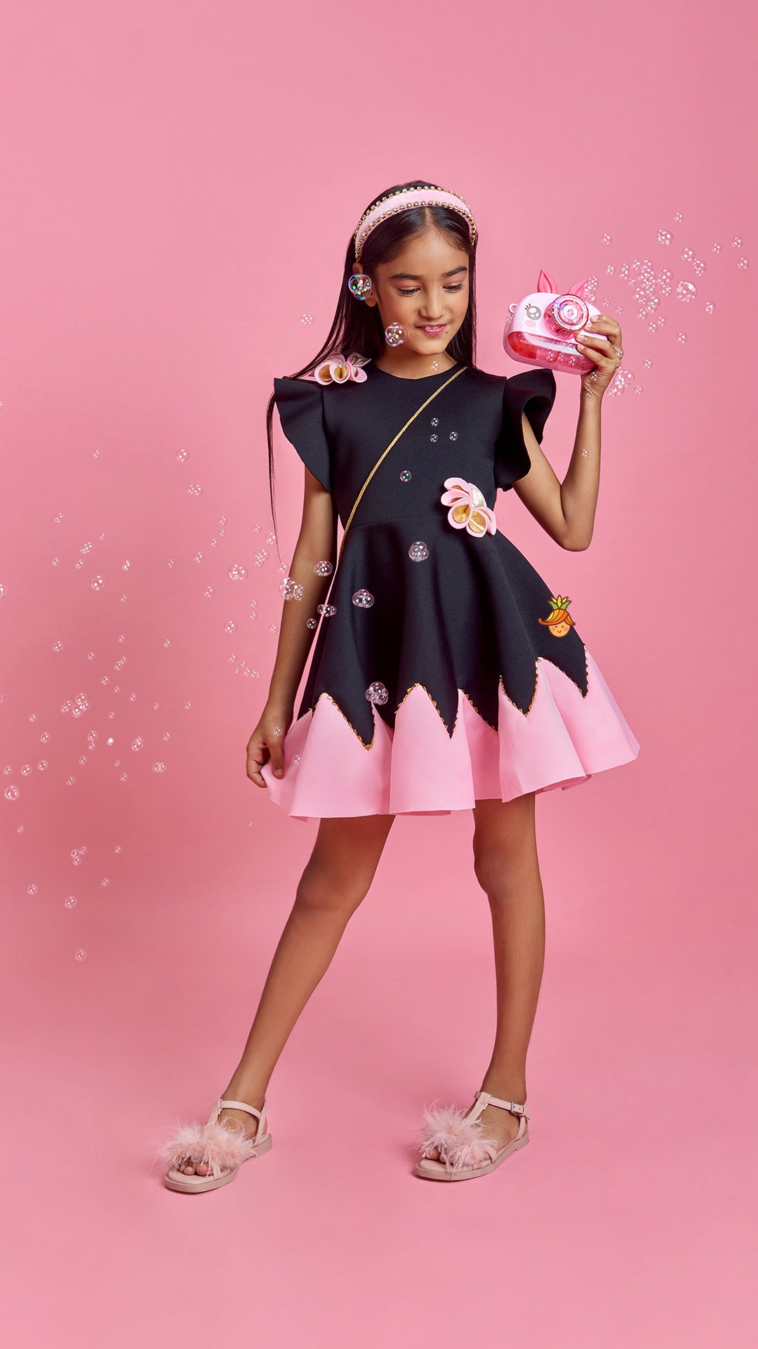 Flower Embellished Black Dress With Sling Bag