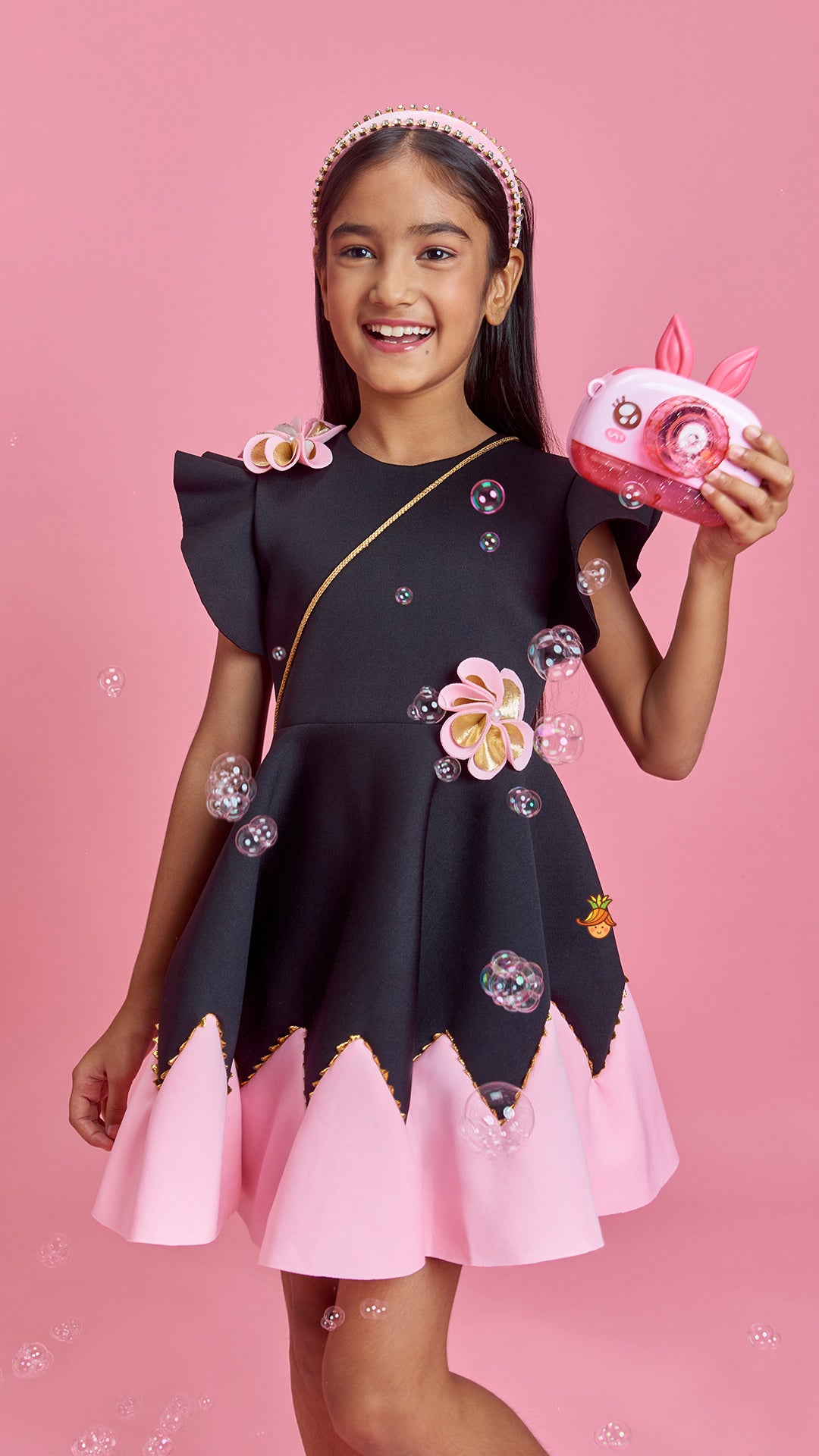 Flower Embellished Black Dress With Sling Bag