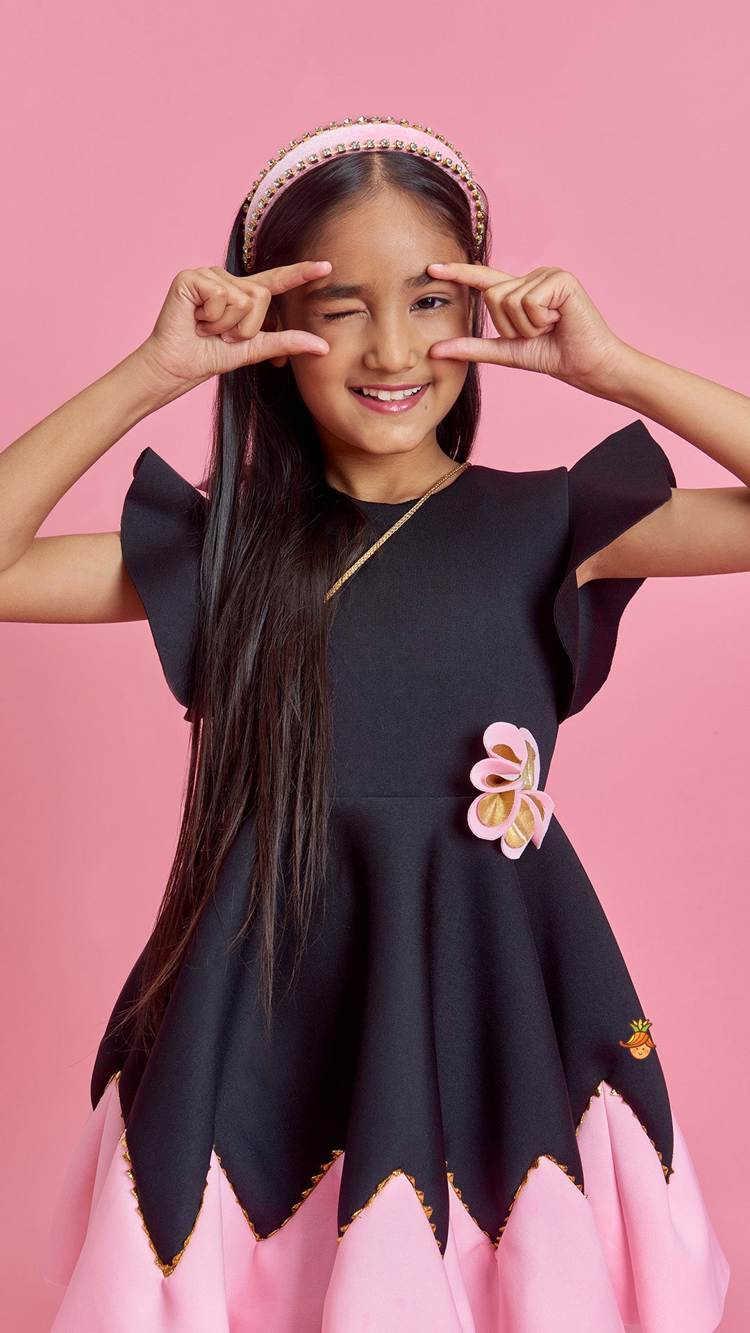 Flower Embellished Black Dress With Sling Bag