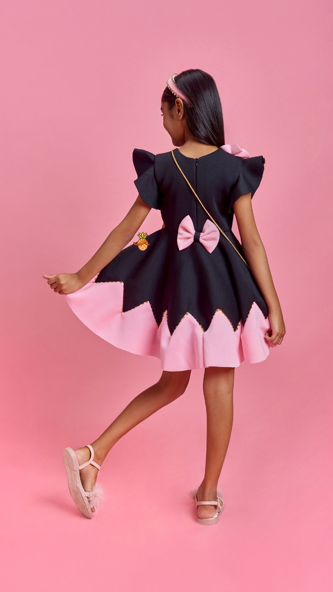 Flower Embellished Black Dress With Sling Bag