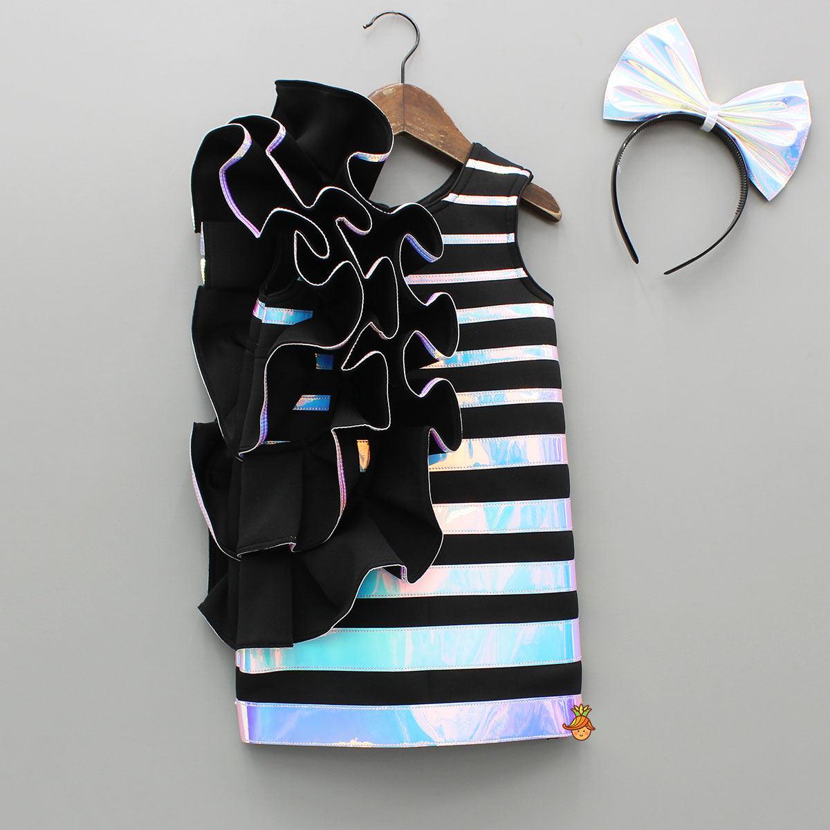 Black Holographic Ruffle Dress With Bow Hair band
