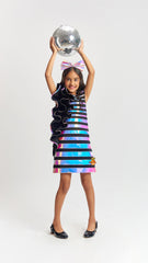 Pre Order: Black Holographic Ruffle Dress With Bow Hair band