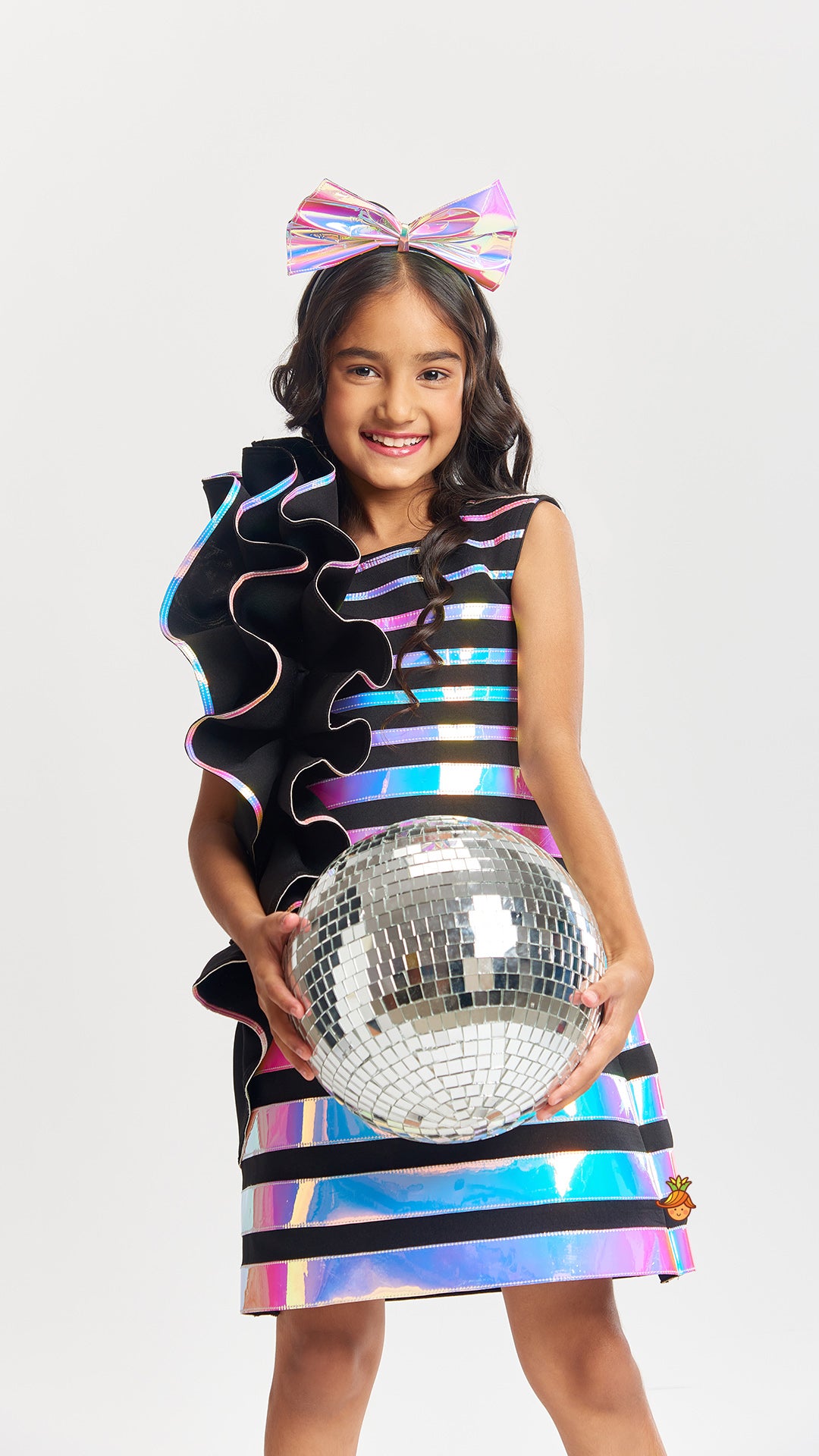 Black Holographic Ruffle Dress With Bow Hair band