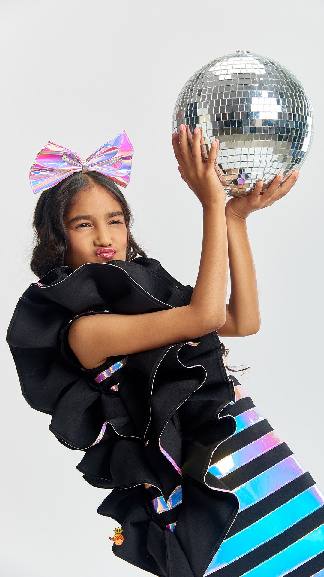 Black Holographic Ruffle Dress With Bow Hair band