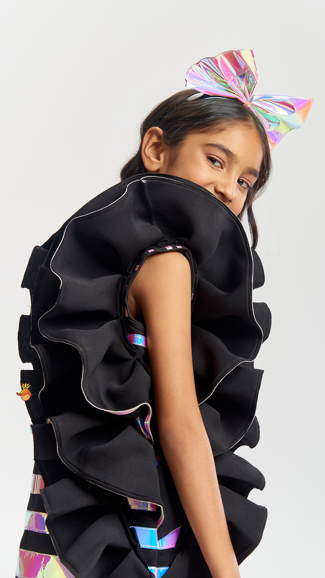 Black Holographic Ruffle Dress With Bow Hair band