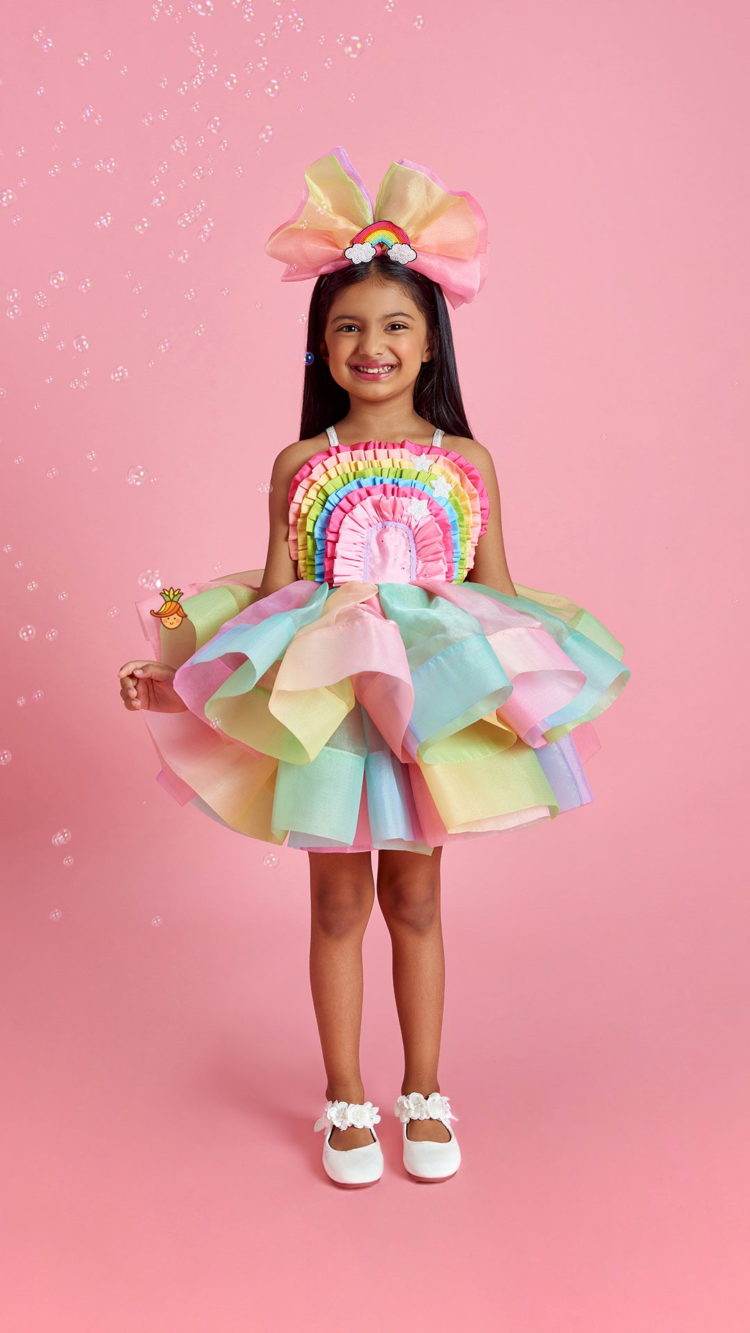 Multicolour Shaded Rainbow Theme Ruffled Shimmery Dress With Hair Band