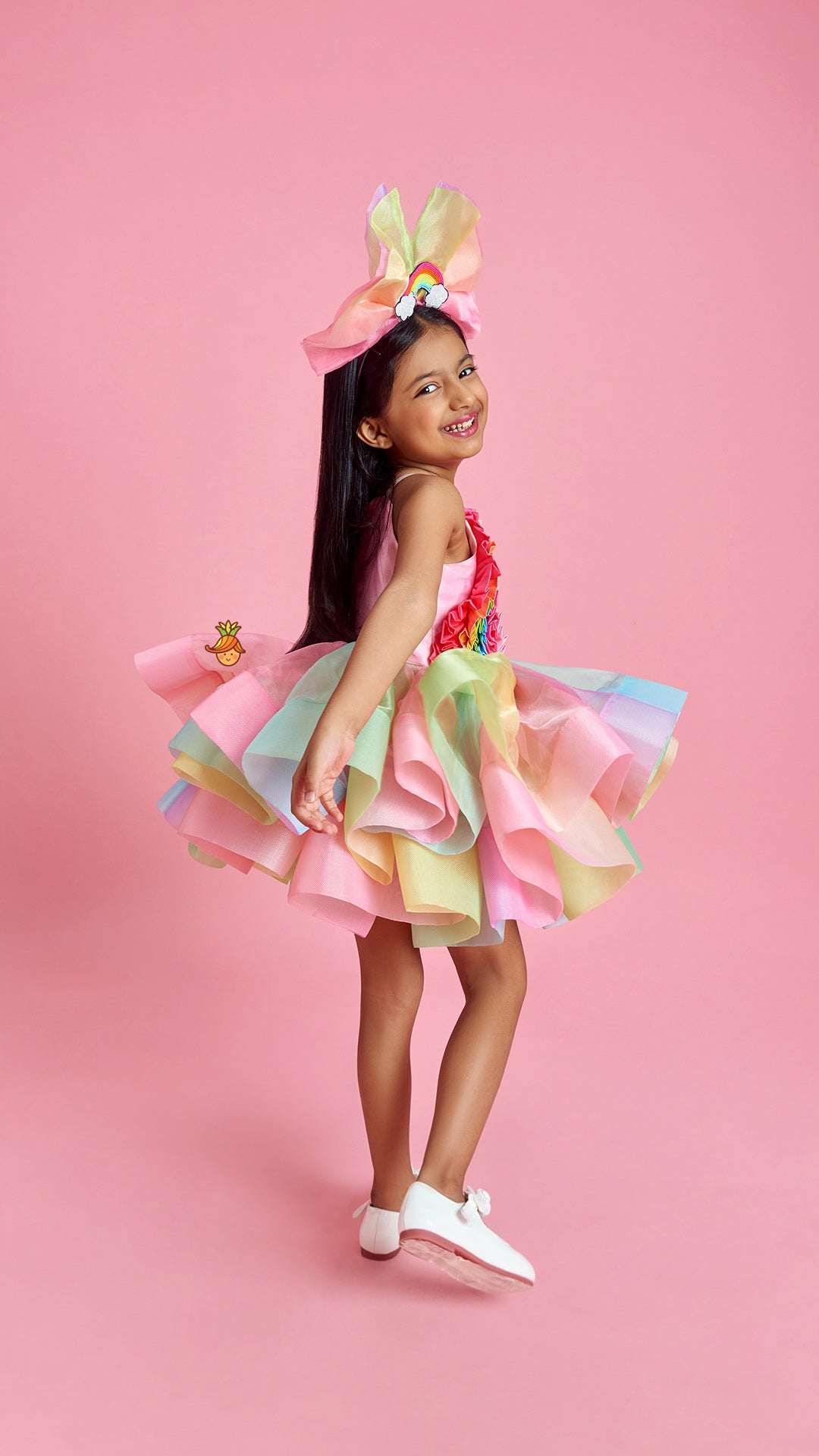 Multicolour Shaded Rainbow Theme Ruffled Dress With Hair Band