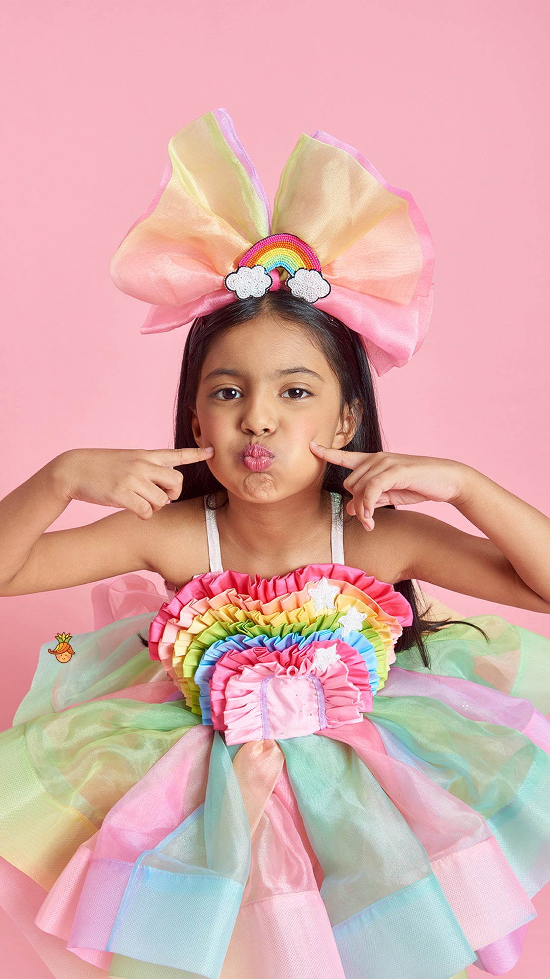 Multicolour Shaded Rainbow Theme Ruffled Shimmery Dress With Hair Band