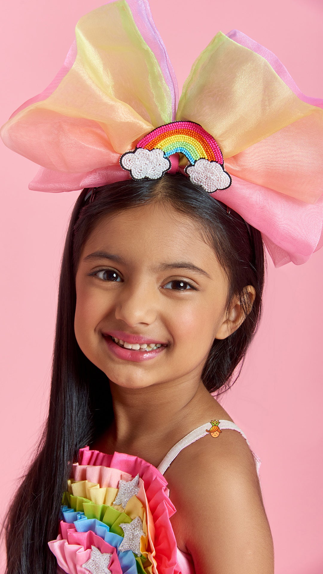 Multicolour Shaded Rainbow Theme Ruffled Dress With Hair Band