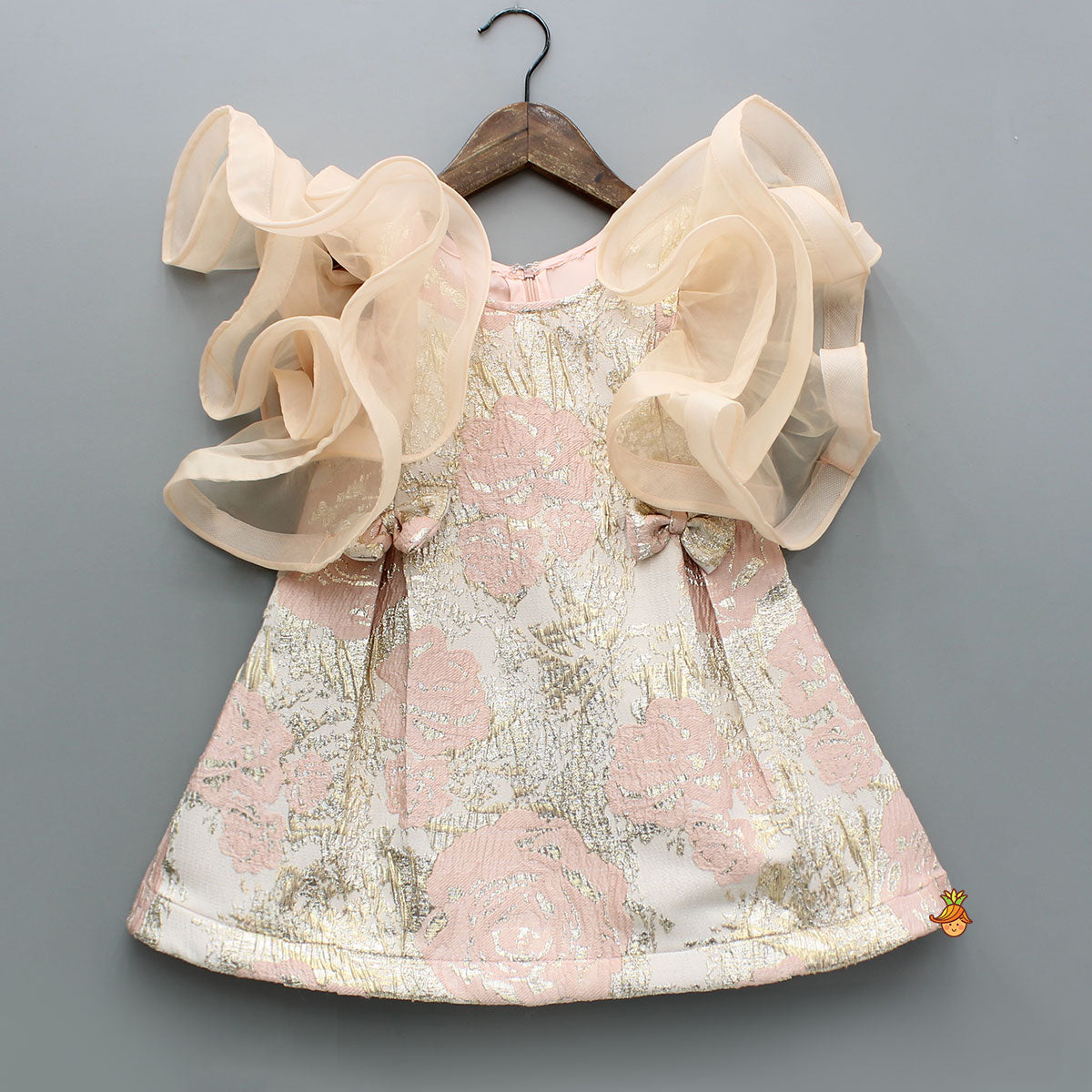 Peach Zari Brocade Ruffle Sleeves Dress