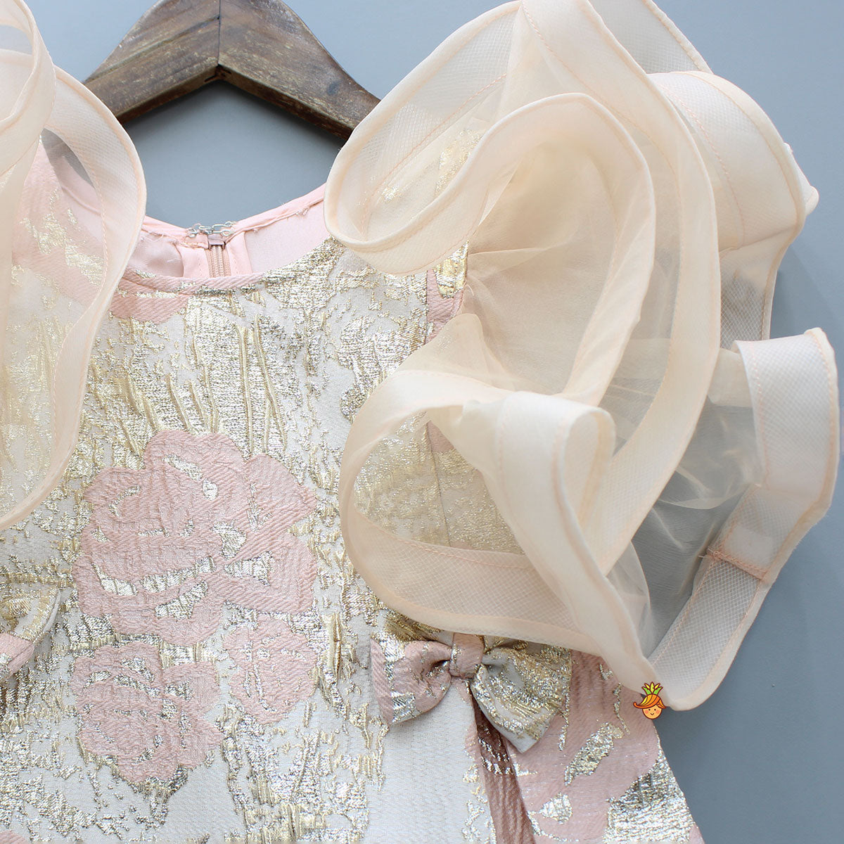 Peach Zari Brocade Ruffle Sleeves Dress