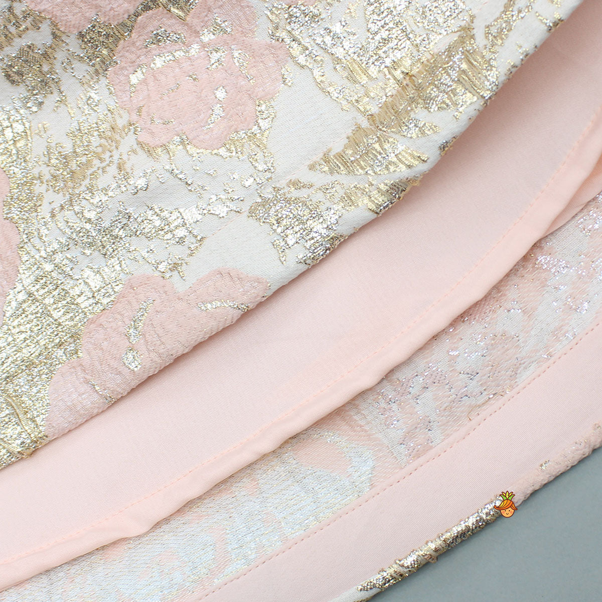 Peach Zari Brocade Ruffle Sleeves Dress