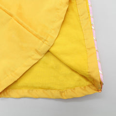 Pre Order: Yellow Krishna Embroidered Angarkha Style Kurta With Lace Work Pink Dhoti And Mukut
